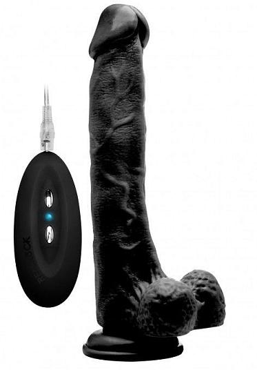 Чёрный вибратор-реалистик Vibrating Realistic Cock 10  With Scrotum - 27 см.