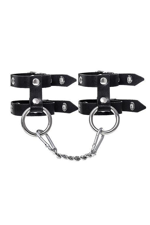 Черные однослойные наручники из двух ремешков - натуральная кожа
