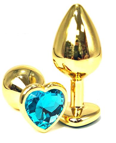 Золотистая анальная пробка с голубым кристаллом-сердцем - 6 см.