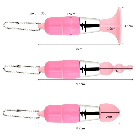Розовый вибратор-брелок с 3 сменными насадками - фото 7