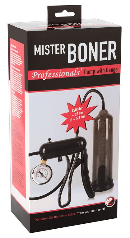 Черная вакуумная помпа с манометром Mister Boner Professionals Pump - анодированный пластик, силикон