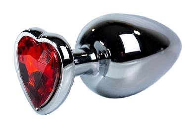 Серебристая анальная пробка с красным кристаллом-сердцем размера L - 9,5 см.