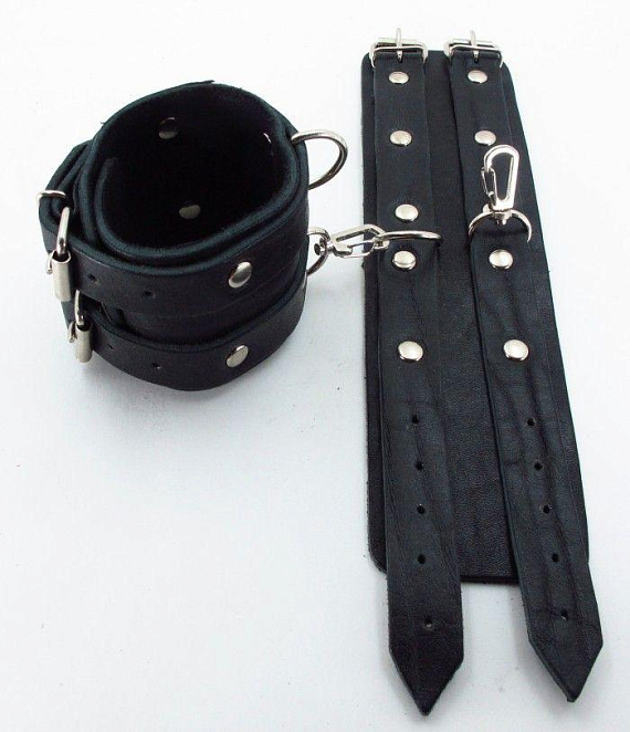 Черные широкие наручники с двумя ремешками - натуральная кожа