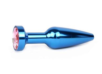 Удлиненная коническая гладкая синяя анальная втулка с розовым кристаллом - 11,3 см.