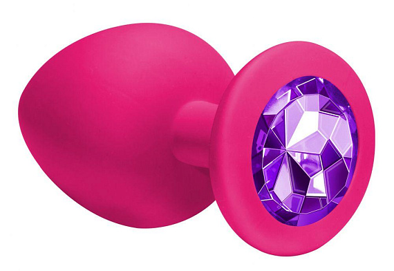 Большая розовая анальная пробка Emotions Cutie Large с фиолетовым кристаллом - 10 см. - силикон