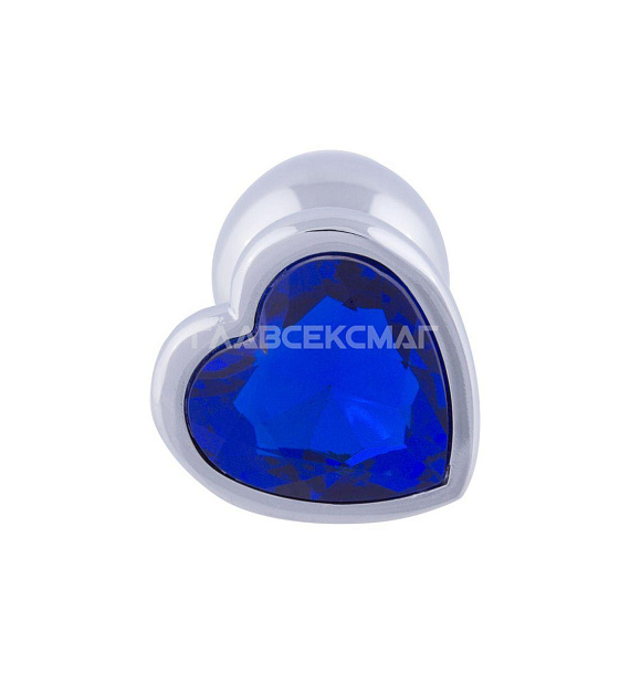 Серебристая анальная пробка с синим кристаллом-сердцем - 7 см. - металл