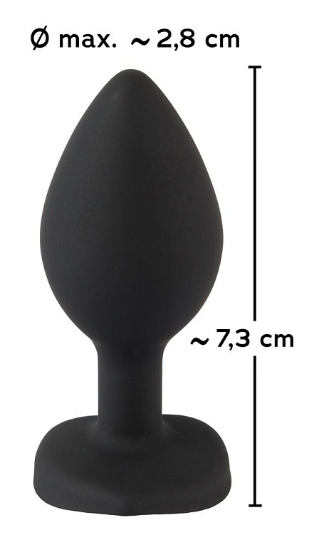 Черная силиконовая анальная пробка с прозрачным стразом-сердечком - 7,3 см. от Intimcat