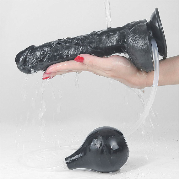 Черный фаллоимитатор-гигант с грушей 10 Squirt Extreme Dildo - 25,5 см. - поливинилхлорид (ПВХ, PVC)