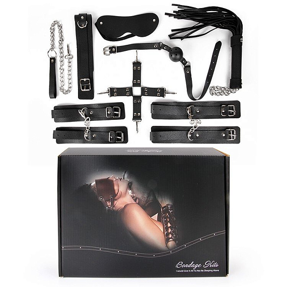 Большой черный набор БДСМ: наручники, оковы, ошейник с поводком, кляп, маска, плеть, фиксатор - поливинилхлорид (ПВХ, PVC)