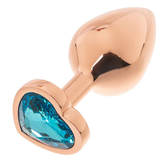 Золотистая анальная пробка OYO с голубым кристаллом-сердцем - 7,3 см. - металл