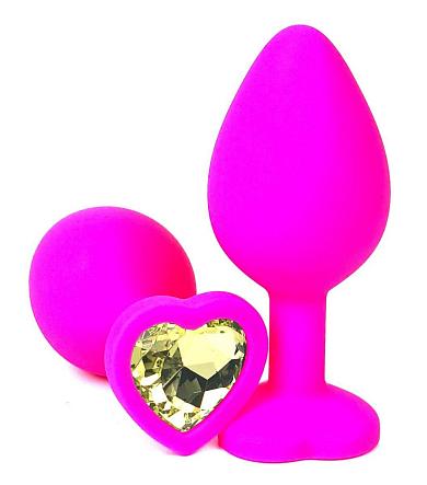 Розовая силиконовая пробка с желтым кристаллом-сердцем - 10,5 см.