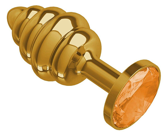 Золотистая пробка с рёбрышками и оранжевым кристаллом - 7 см. - металл