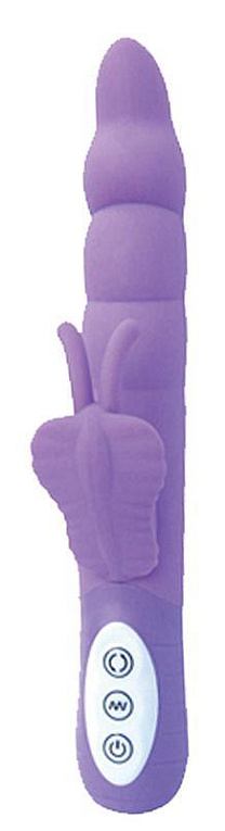 Фиолетовый вибромассажер с клиторальным стимулятором в виде бабочки PLAY CANDI WIGGLE BUTTERFLY - 17 см. - силикон