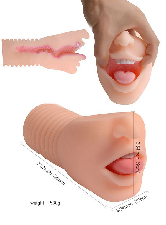 Телесный мастурбатор-ротик с язычком и зубками - термопластичная резина (TPR)