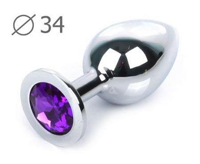 Коническая серебристая анальная втулка с фиолетовым кристаллом - 8,2 см.
