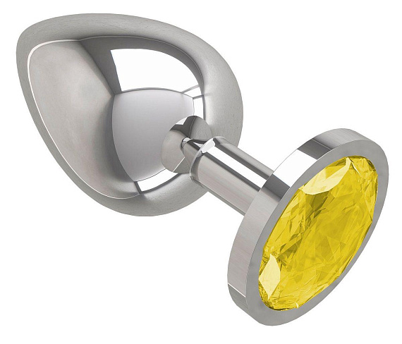 Серебристая большая анальная пробка с желтым кристаллом - 9,5 см. - металл