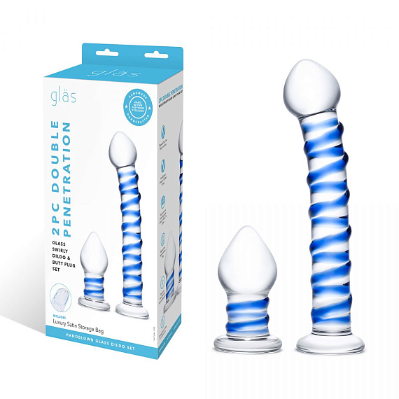 Набор из 2 стеклянных игрушек с синей спиралью Swirly Dildo   Buttplug Set - фото 8