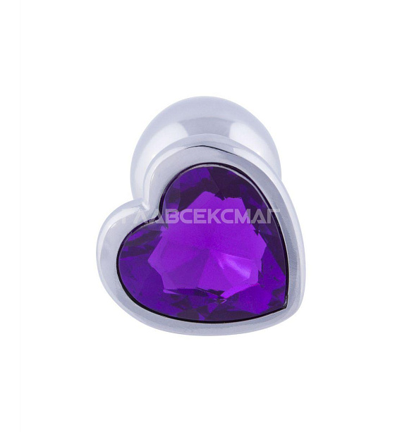 Серебристая анальная пробка с фиолетовым кристаллом-сердцем - 7 см. - металл