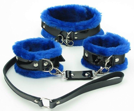 Черно-синие меховые наручники и ошейник с поводком - искусственный мех