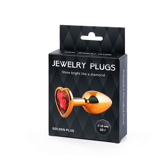 Золотистая анальная пробка с красным стразом-сердечком - 7 см. Anal Jewelry Plug