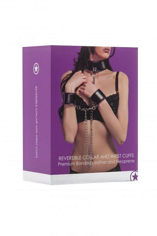 Чёрно-фиолетовый двусторонний ошейник с наручниками Reversible Collar and Wrist Cuffs - фото 5