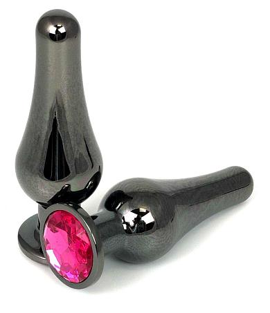 Черная удлиненная анальная пробка с розовым кристаллом - 11,5 см.