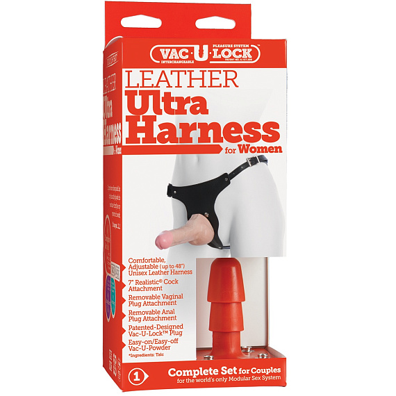 Женский страпон с двумя пробками Vac-U-Lock Set Leather Ultra Harness - 17,8 см. - фото 5